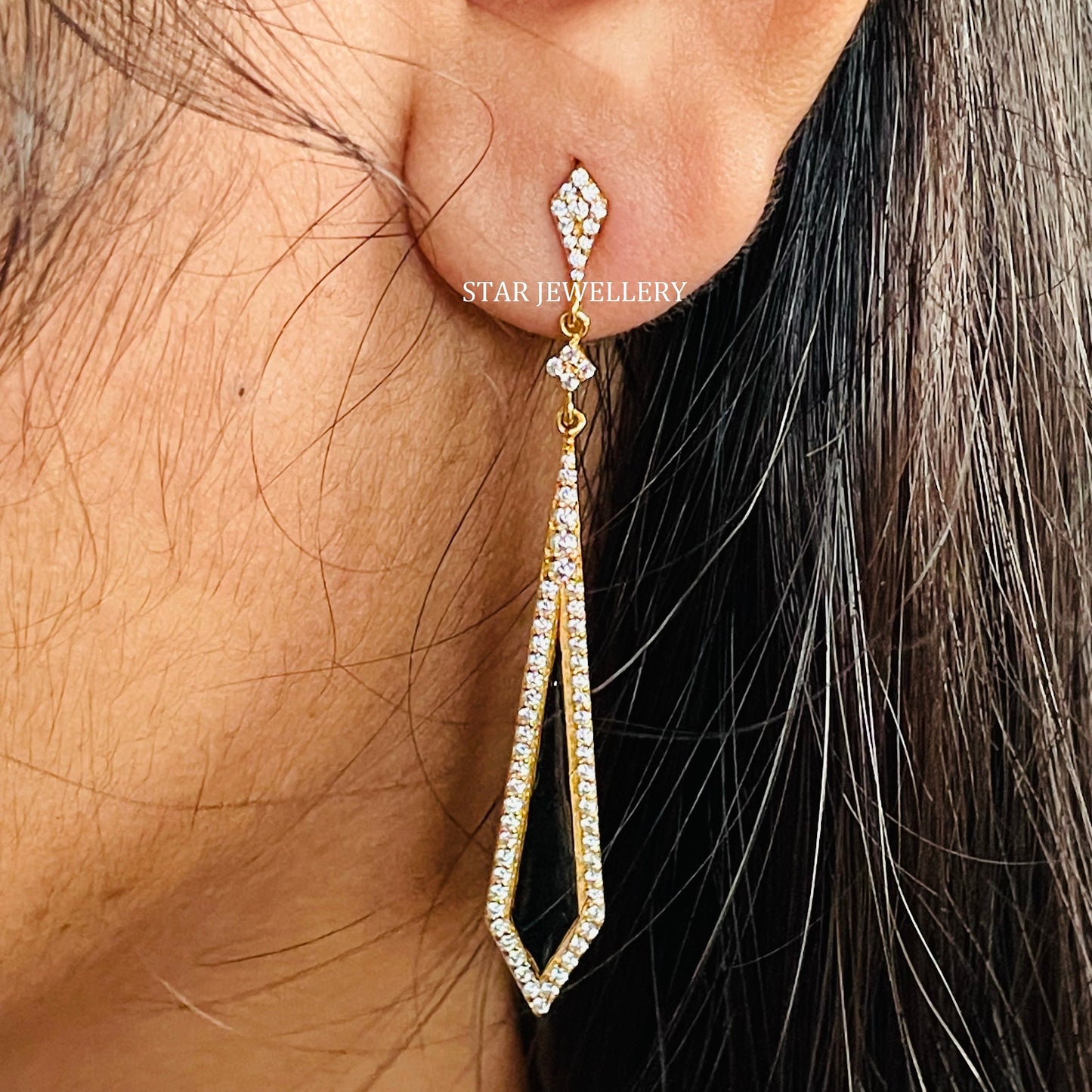 Natural Diamond Black Enamel Long Bridal Earring