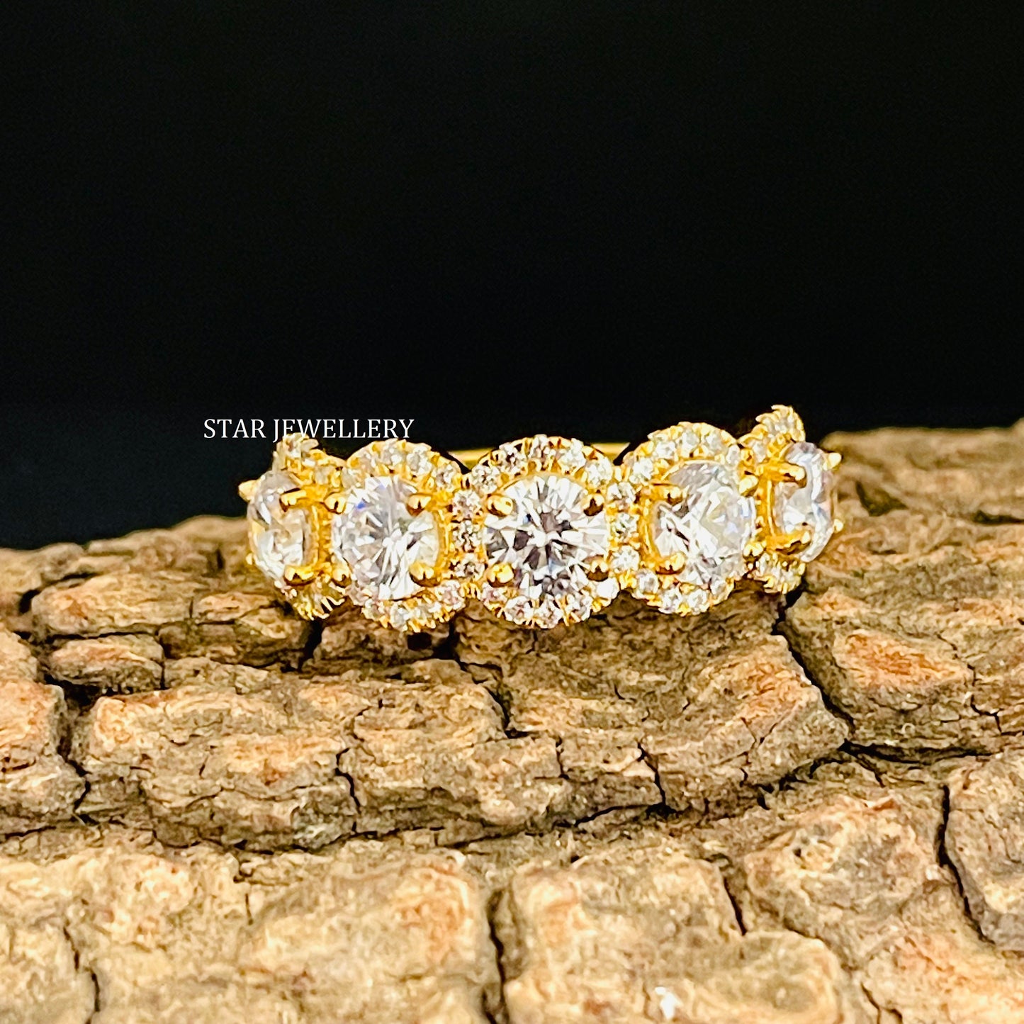 Five Lab Diamond Halo Solid Gold Wedding Proposal Ring