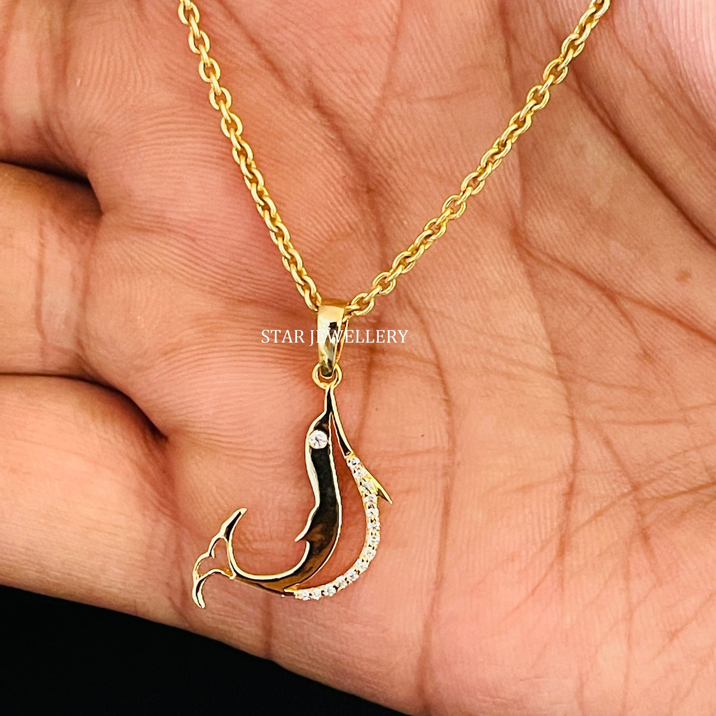 14K Gold Natural Diamond Fish Pendant