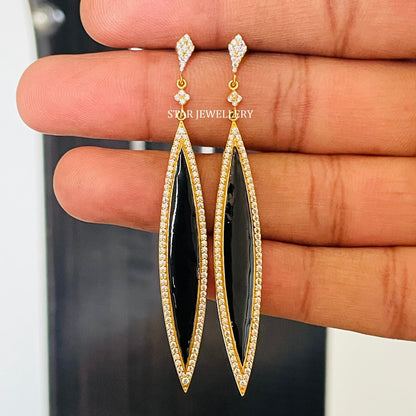 Natural Diamond Black Enamel Long Bridal Earring