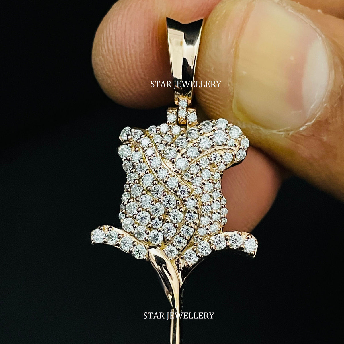 10K Solid Gold Diamond Rose Pendant