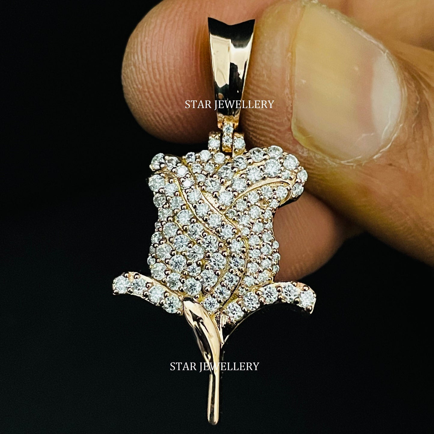 Natural Diamond Solid Gold Rose Pendant