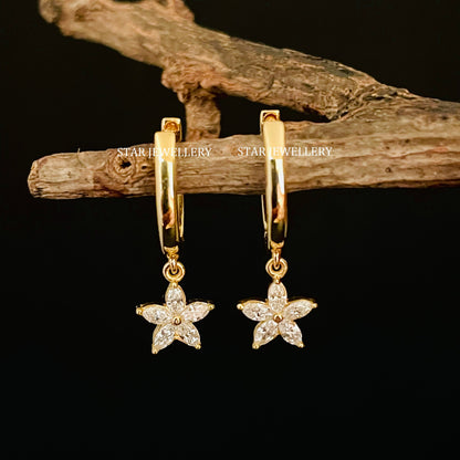 Dangle Drop Diamond Flower Huggie Hoop Earring