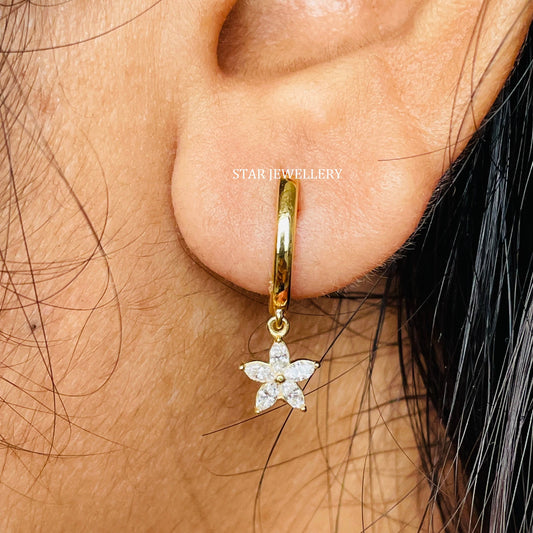 Dangle Drop Diamond Flower Huggie Hoop Earring