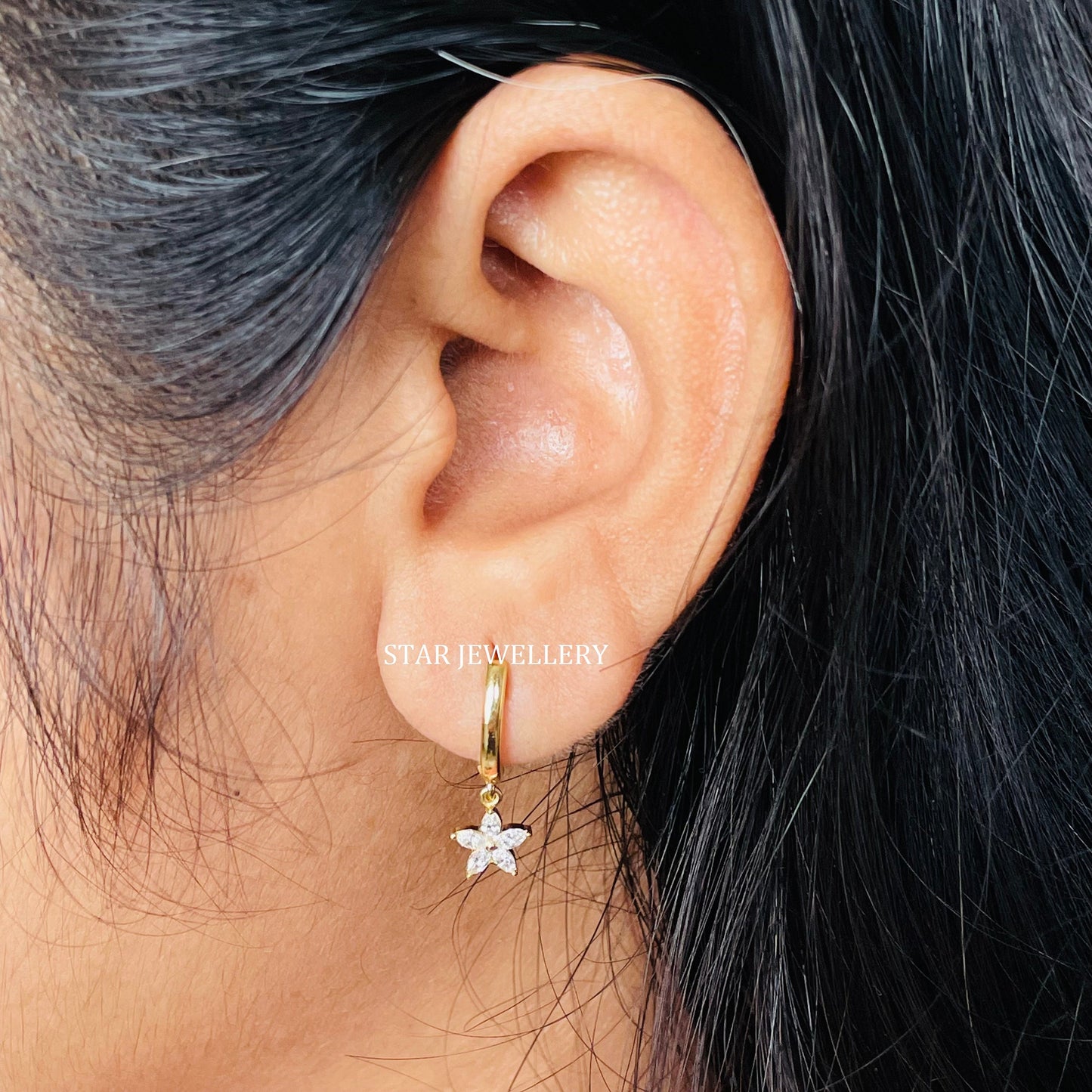 Dangle Drop Diamond Flower Huggie Hoop Earring