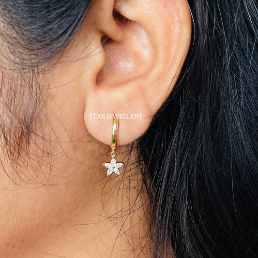 Dangle Drop Diamond Flower Huggie Hoop Earring