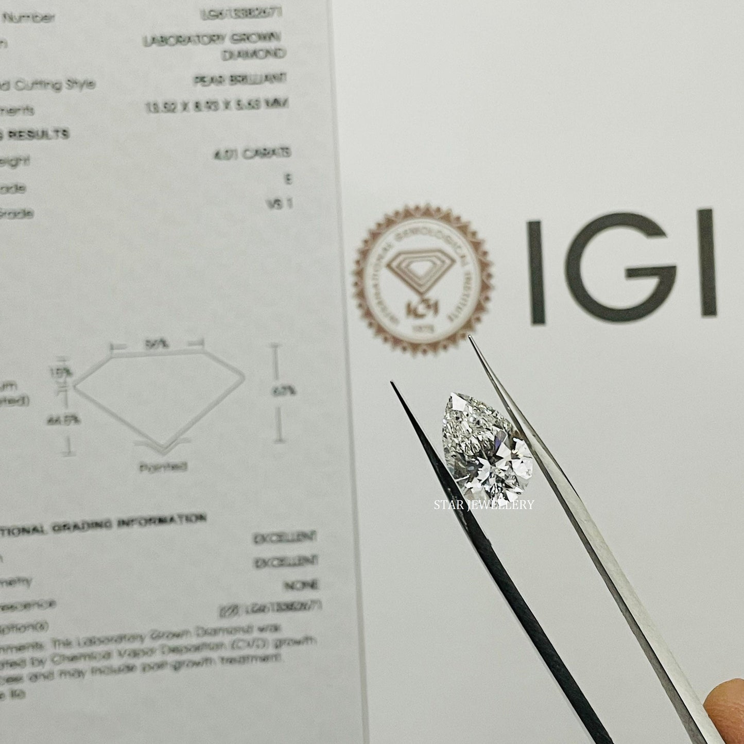 IGI Certified CVD Lab Grown 4 Ct Pear Cut E/VS Loose Diamond