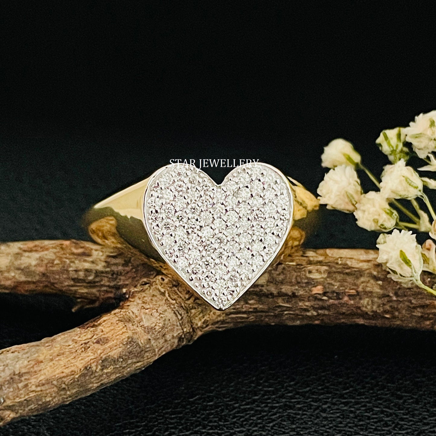 14K Gold Natural Diamond Heart Signet Ring
