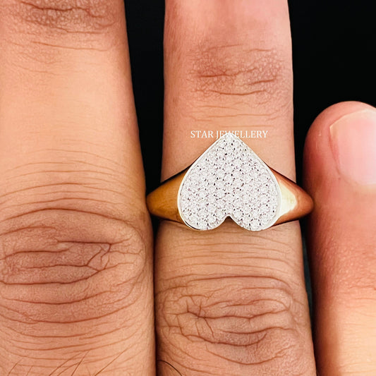 14K Gold Natural Diamond Heart Signet Ring
