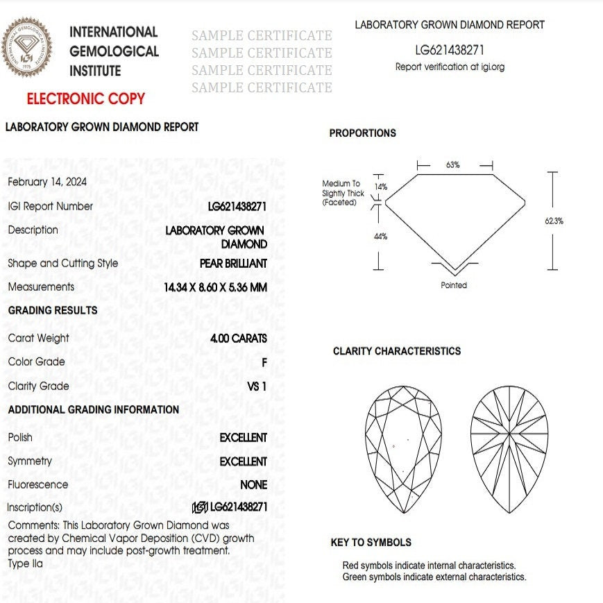 4.00 Ct Pear Cut CVD Lab Grown IGI Certified Diamond