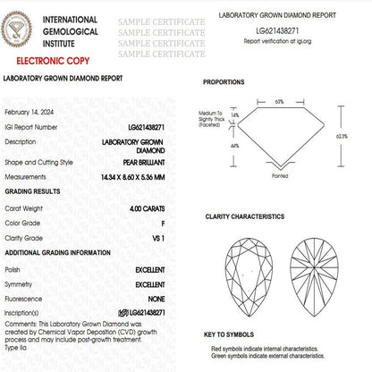 4.00 Ct Pear Cut CVD Lab Grown IGI Certified Diamond