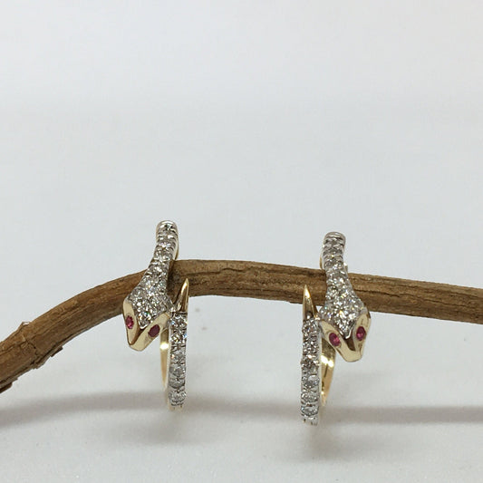 14K Solid Gold Natural Diamond Snake Hoop Earrings