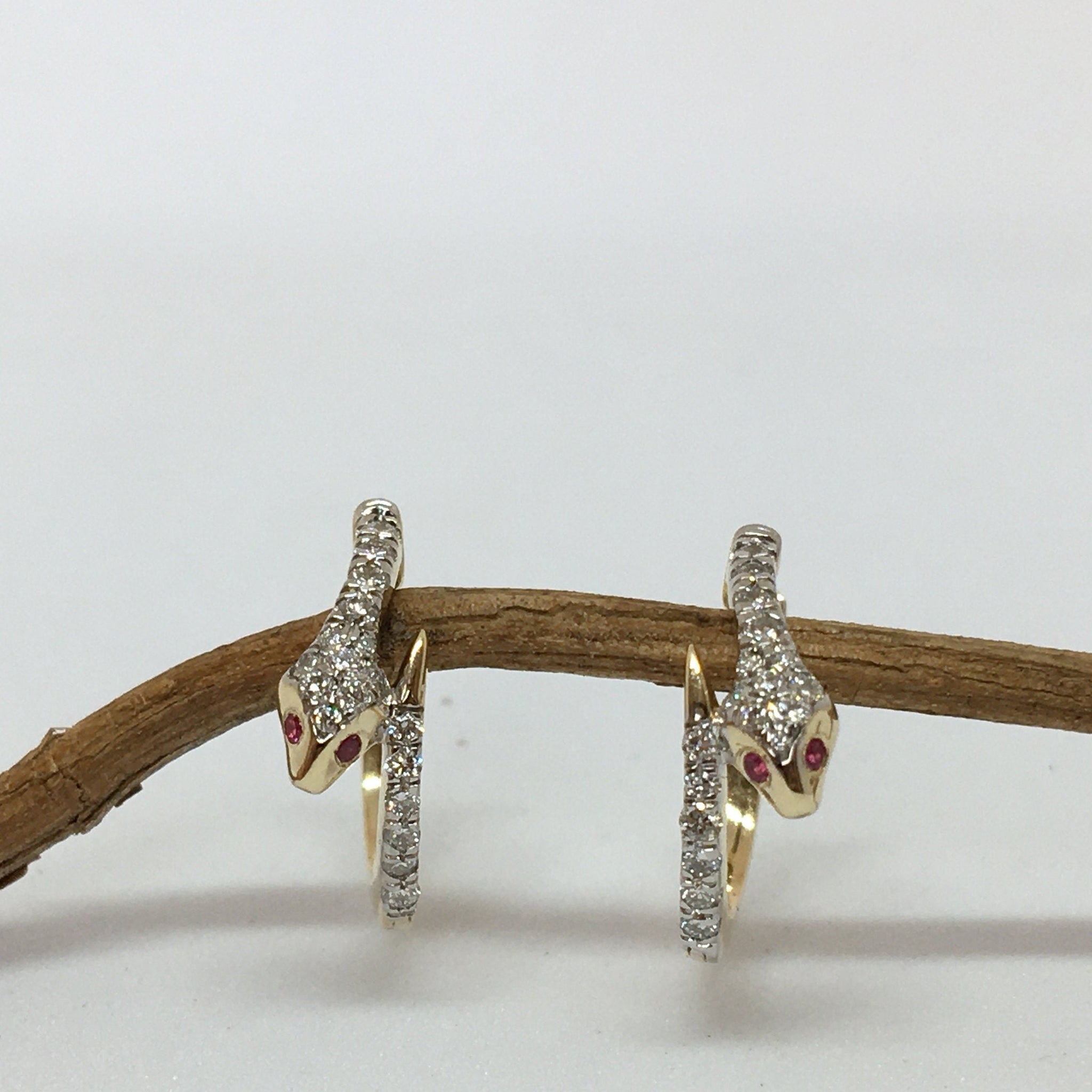 14K Solid Gold Natural Diamond Snake Hoop Earrings
