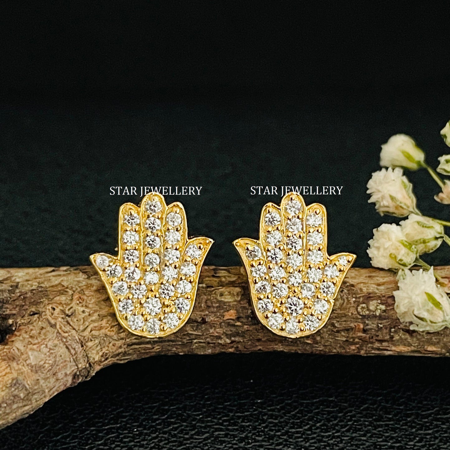 14K Solid Gold Natural Diamond Hamsa Ear Piercing