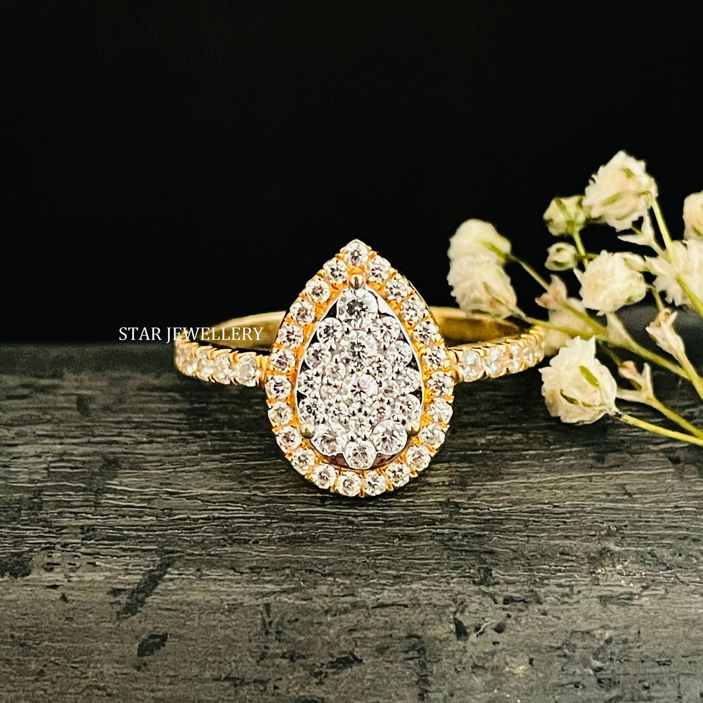 Solid Gold Natural Diamond Pear Shape Diamond Cluster Ring
