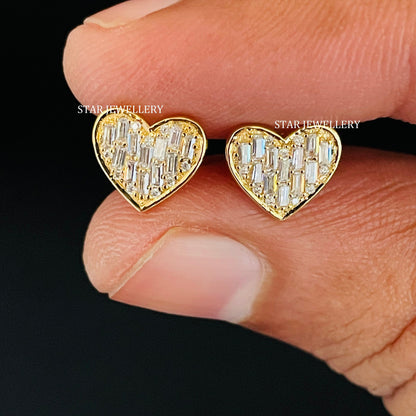 Baguette Diamond Solid Gold Heart Stud Piercing