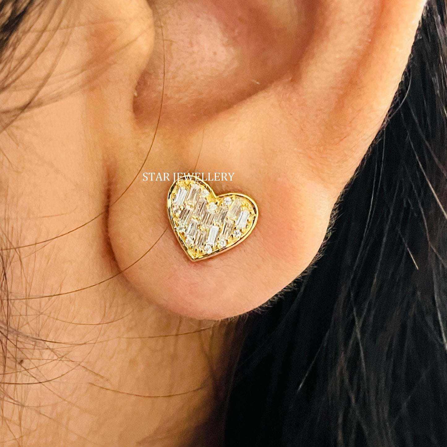 Baguette Diamond Solid Gold Heart Stud Piercing