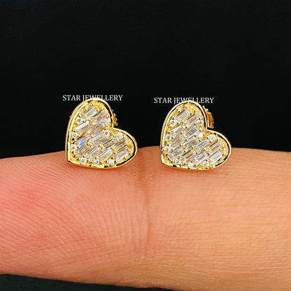 Baguette Diamond Solid Gold Heart Stud Piercing