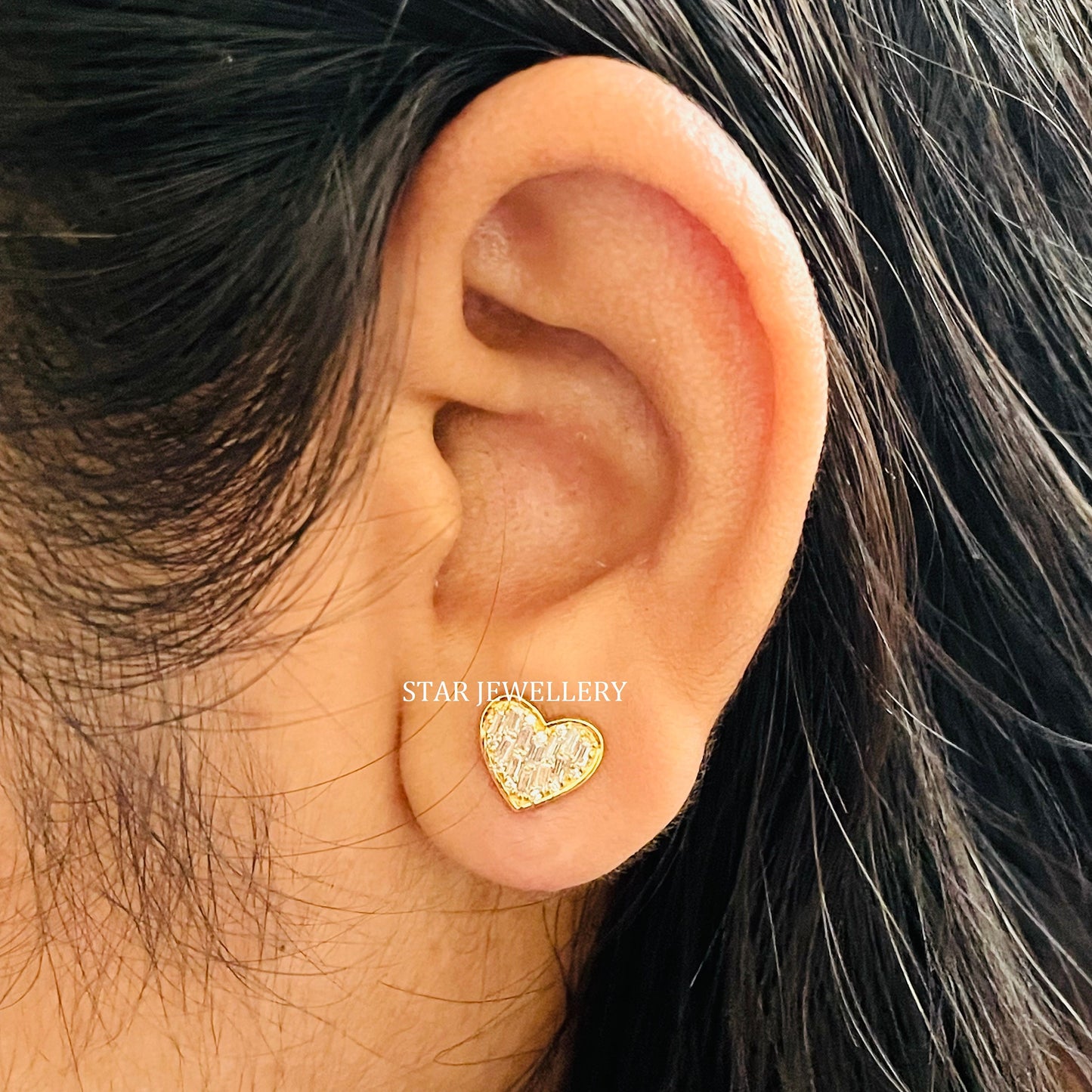Baguette Diamond Solid Gold Heart Stud Piercing