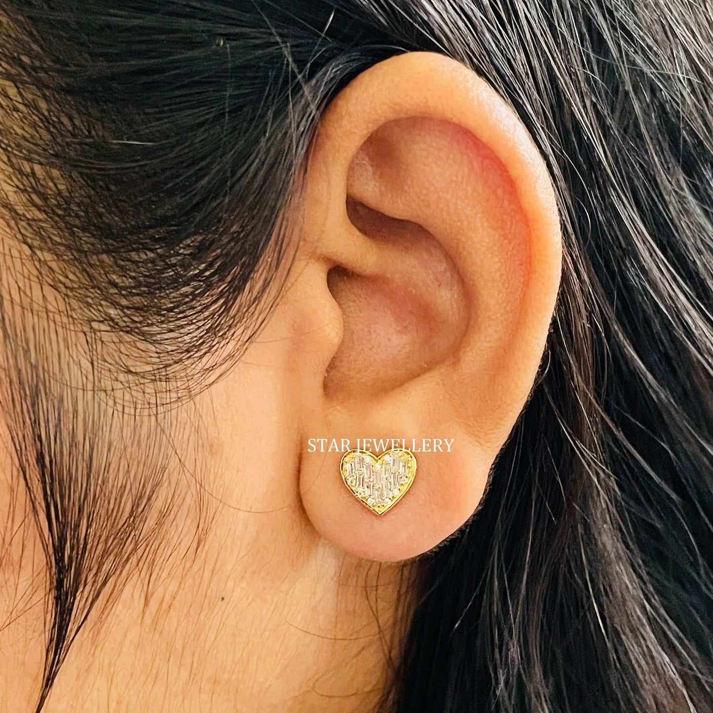 Baguette Diamond Solid Gold Heart Stud Piercing