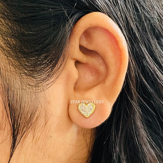 Baguette Diamond Solid Gold Heart Stud Piercing