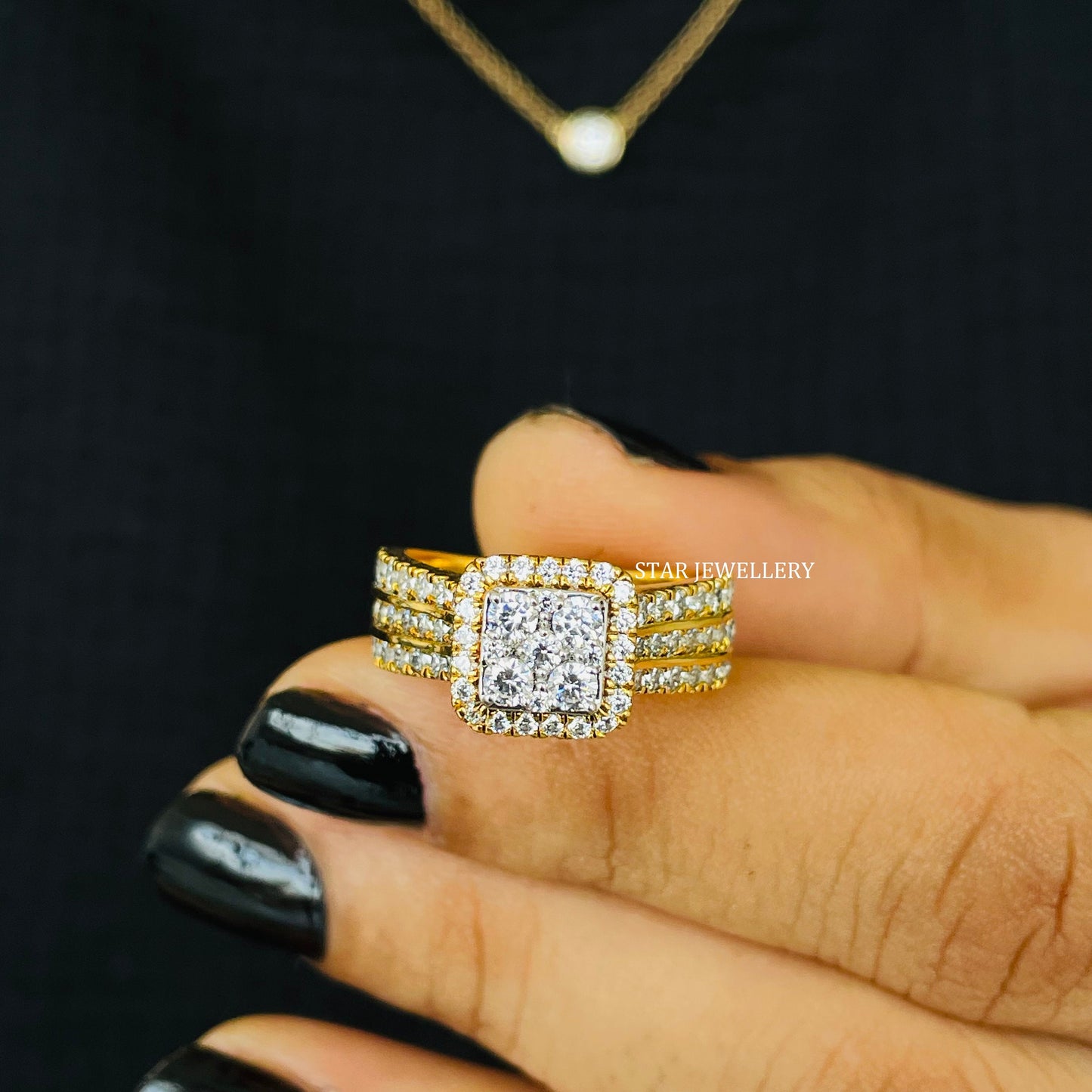 Square Diamond Cluster Halo Engagement Ring with 14K Solid Gold