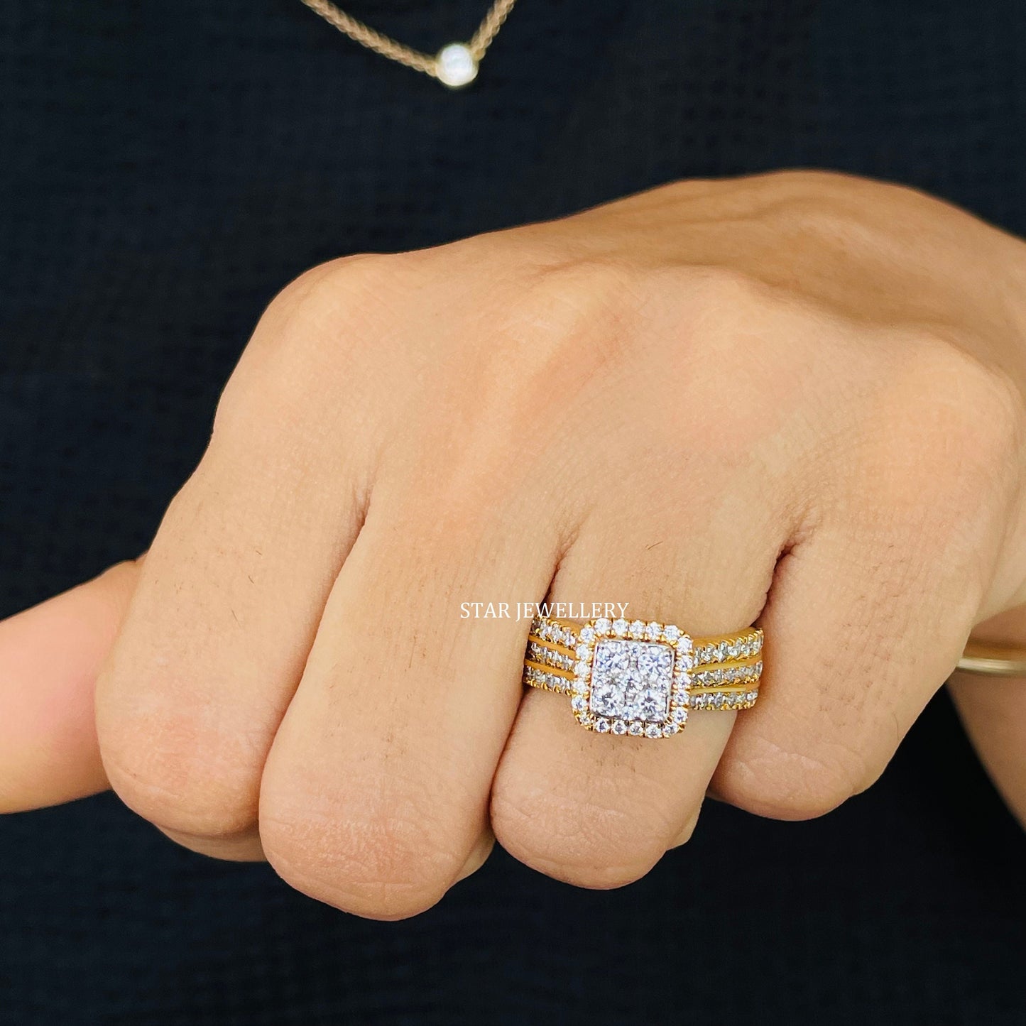 Square Diamond Cluster Halo Engagement Ring with 14K Solid Gold
