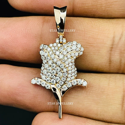 10K Solid Gold Diamond Rose Pendant
