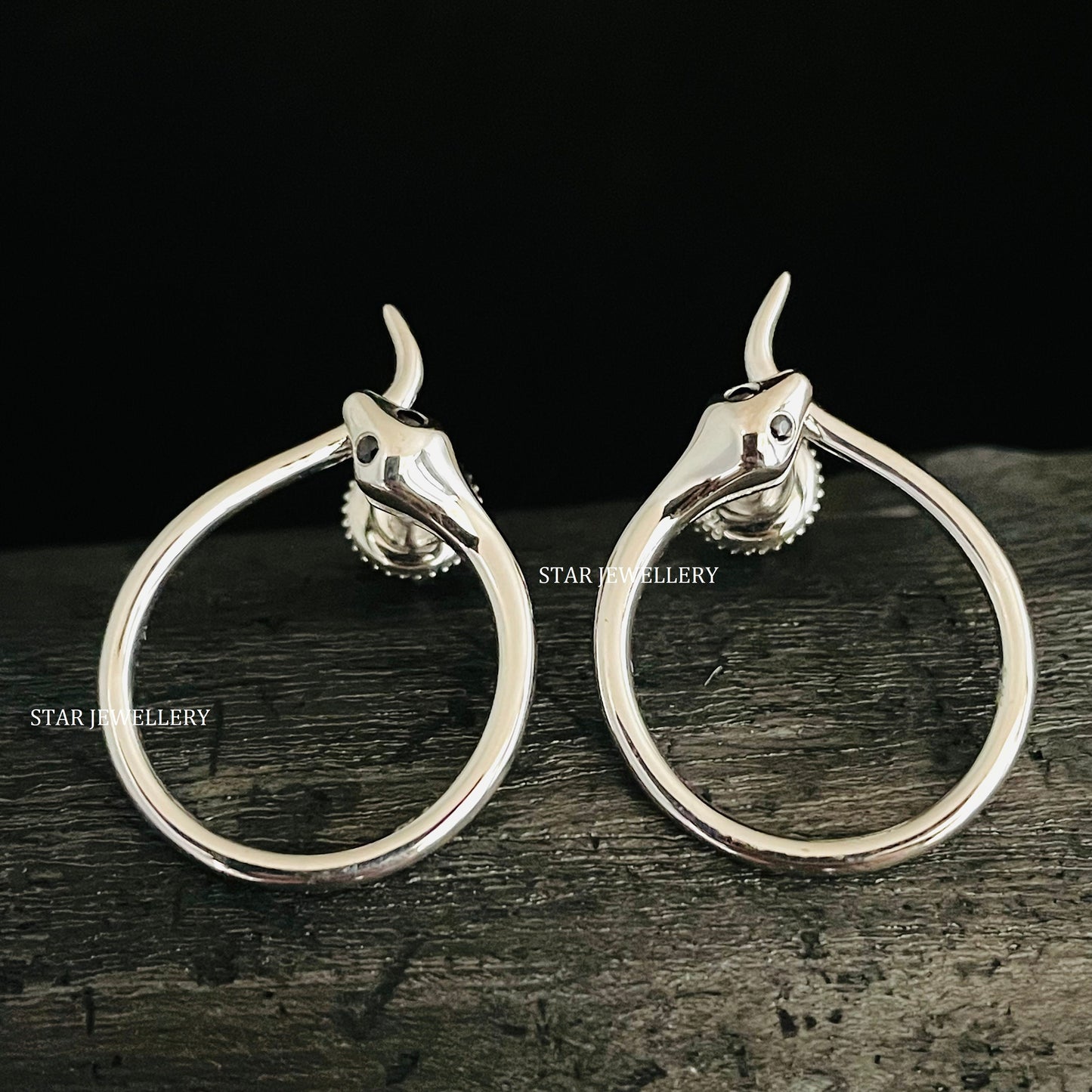 Plain 925 Silver Snake Earring with Black CZ Diamond