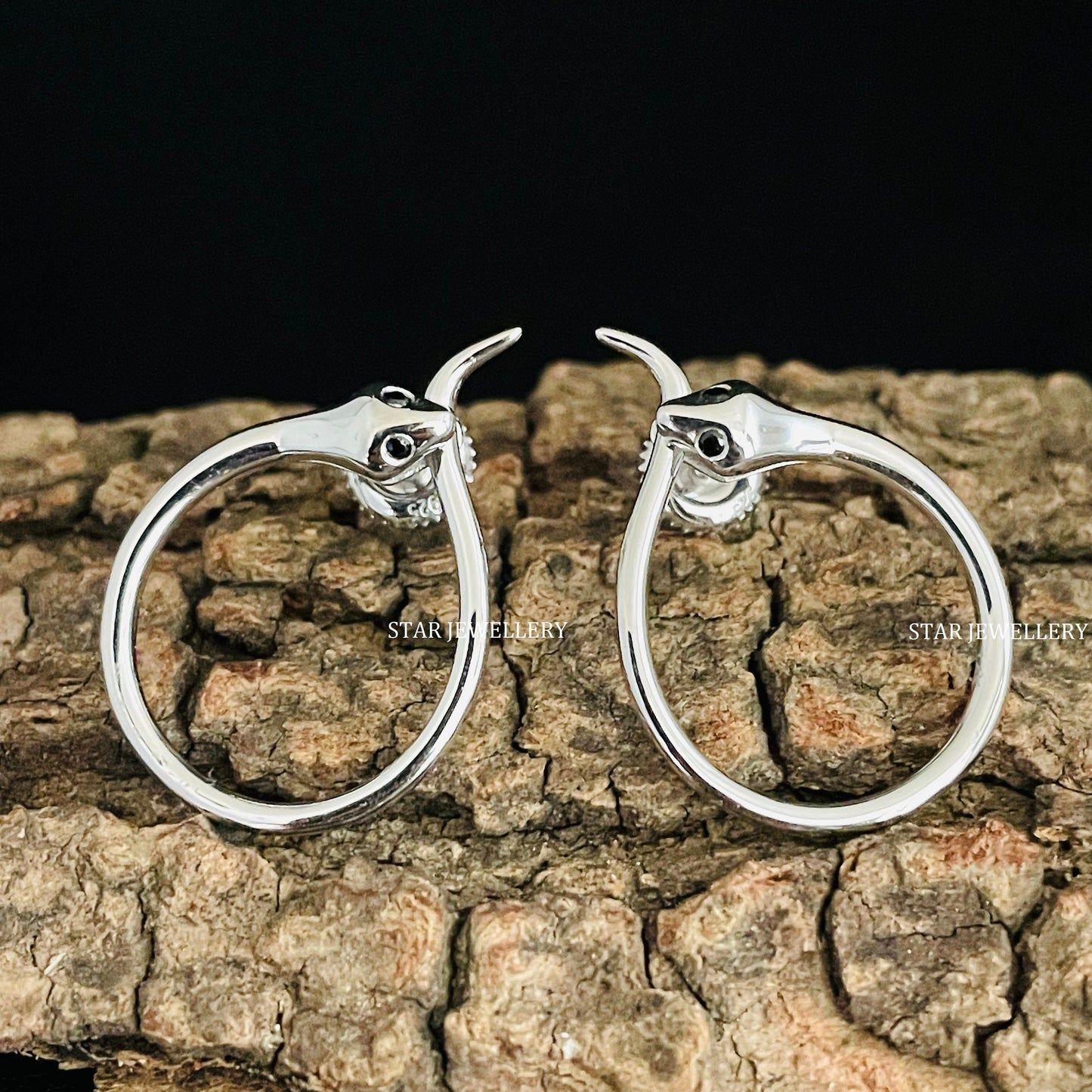 Plain 925 Silver Snake Earring with Black CZ Diamond