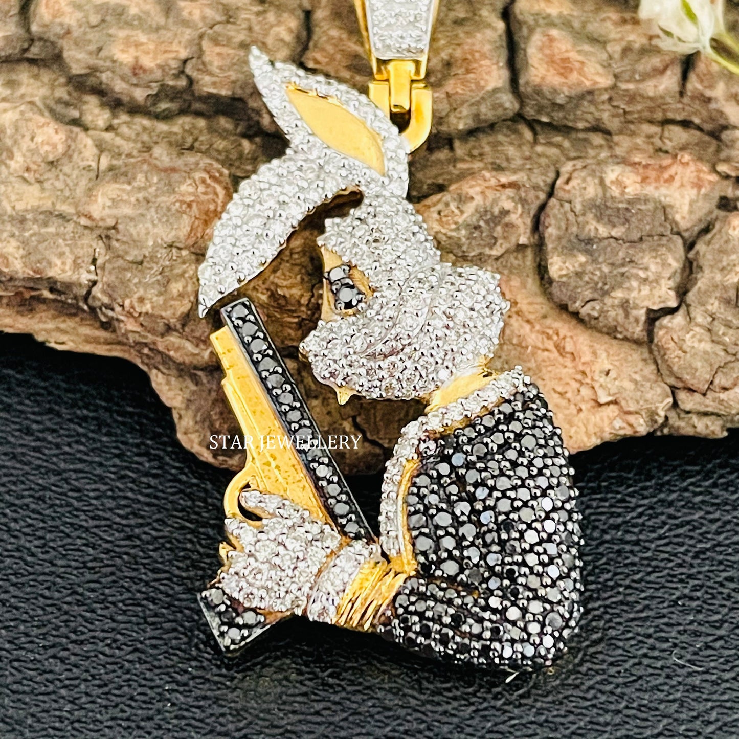 Natural Diamond Rabbit Pendant with Gun