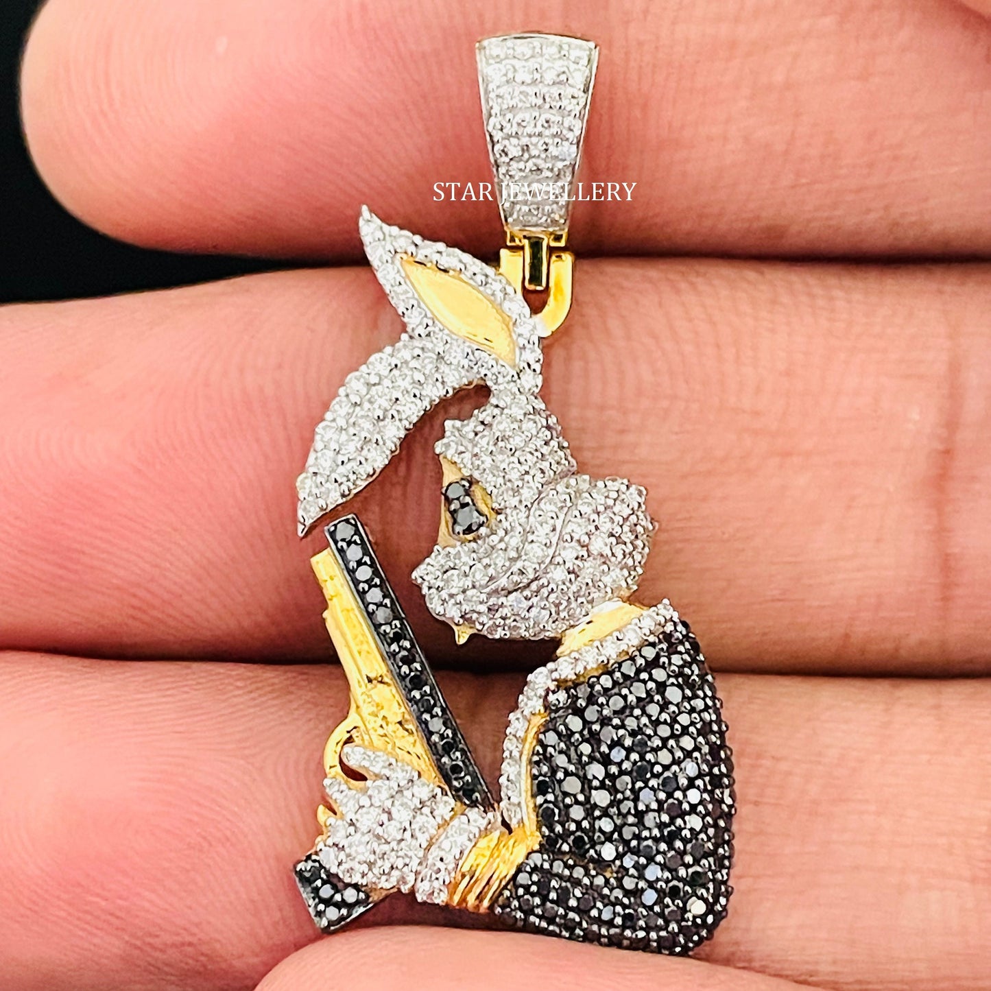 Natural Diamond Rabbit Pendant with Gun