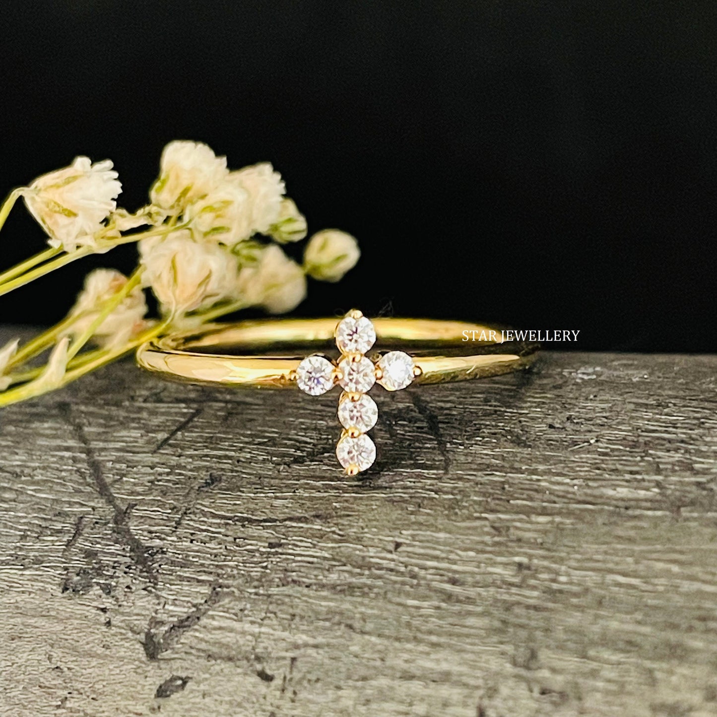 14K Gold Natural Diamond Dainty Cross Ring