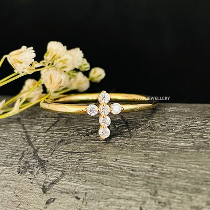 14K Gold Natural Diamond Dainty Cross Ring