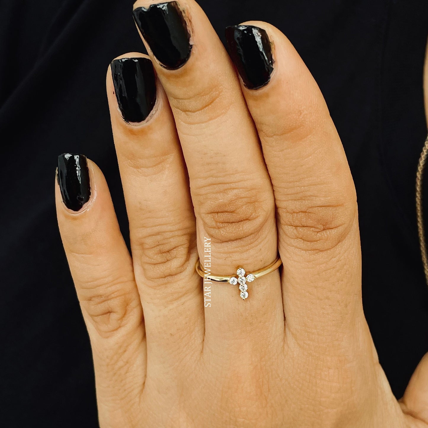 14K Gold Natural Diamond Dainty Cross Ring