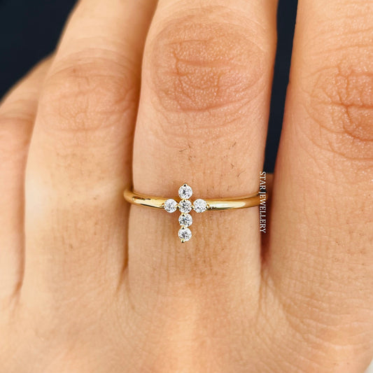 14K Gold Natural Diamond Dainty Cross Ring