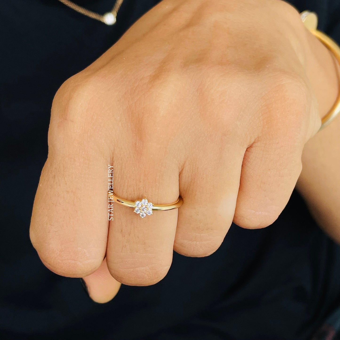 Solid Gold Natural Diamond Dainty Flower Minimalist Ring