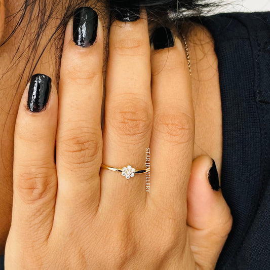 Solid Gold Natural Diamond Dainty Flower Minimalist Ring