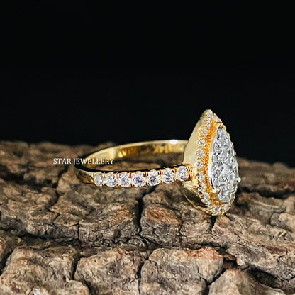Solid Gold Natural Diamond Pear Shape Diamond Cluster Ring