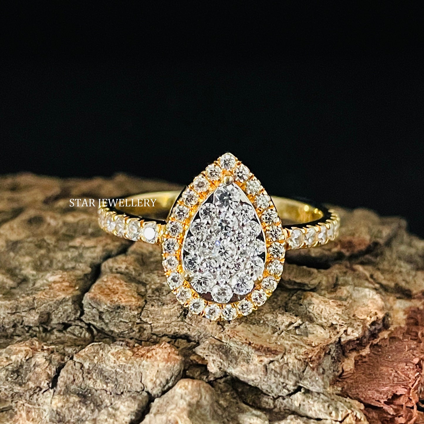 Solid Gold Natural Diamond Pear Shape Diamond Cluster Ring