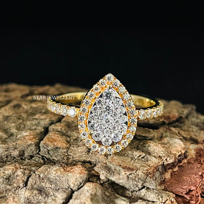 Solid Gold Natural Diamond Pear Shape Diamond Cluster Ring