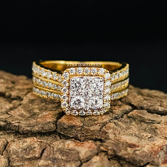 Square Diamond Cluster Halo Engagement Ring with 14K Solid Gold