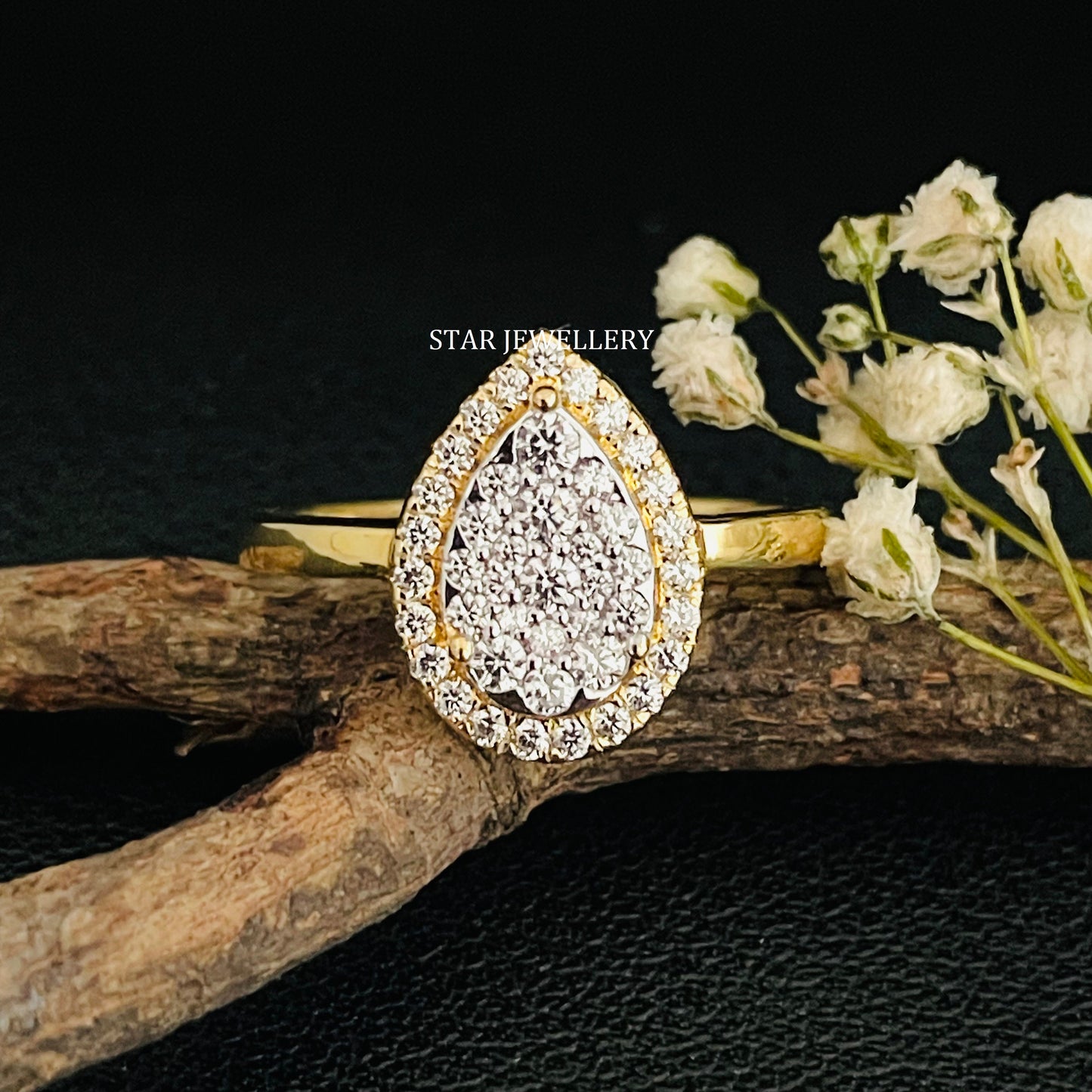 Solid Gold Natural Diamond Pear Shape Diamond Cluster Halo Ring