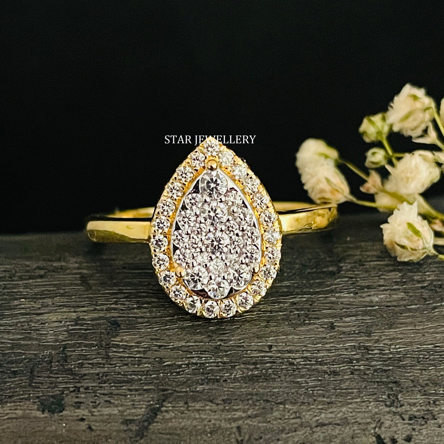 Solid Gold Natural Diamond Pear Shape Diamond Cluster Halo Ring