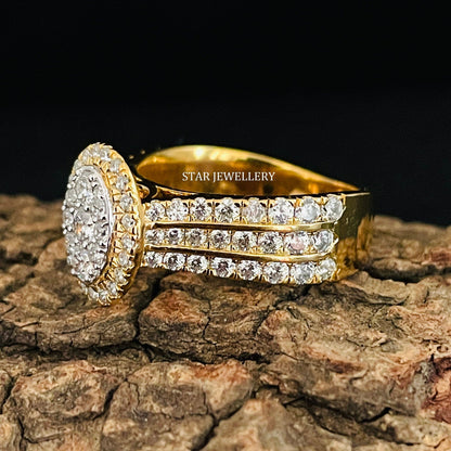 Oval Shape Diamond Cluster Halo Engagement Ring with 14K Solid Gold