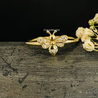 Solid Gold Natural Diamond Dainty BEE Ring