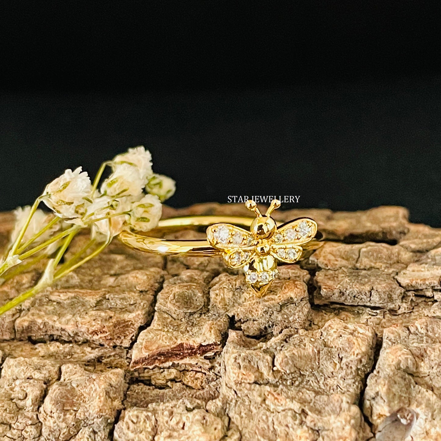 Solid Gold Natural Diamond Dainty BEE Ring