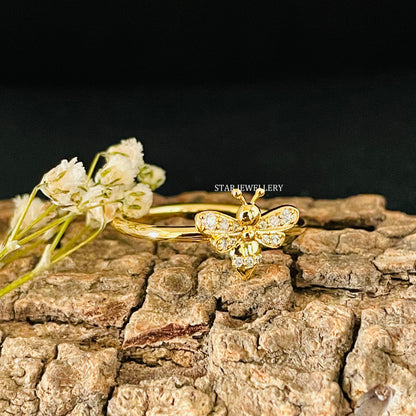 Solid Gold Natural Diamond Dainty BEE Ring
