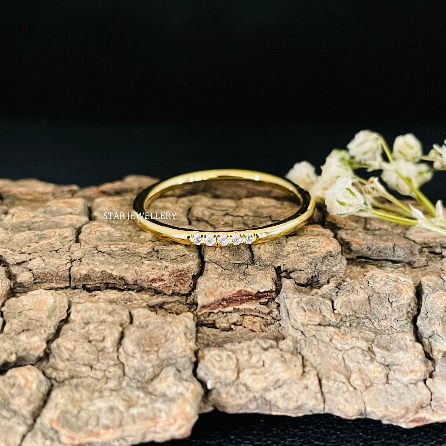 Solid Gold Pave Set Five Diamond Ring