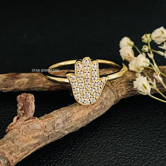 Solid Gold Natural Diamond Hamsa Ring